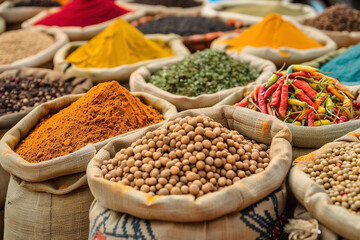 Indian spices in sacks on the market