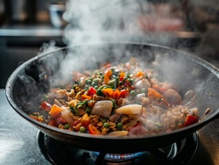A pan of food is cooking on a stove, with steam rising from it. The dish is a stir fry, and it is quite spicy. The steam and heat from the stove create a cozy and inviting atmosphere