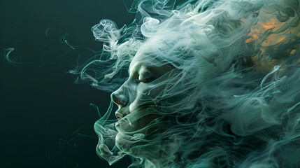 woman face, smoke on black background