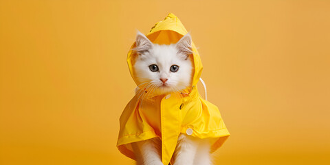 White cat with yellow cloth