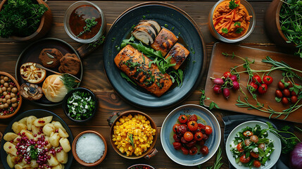 Fototapeta na wymiar Food, Set of dishes on the table, On a wooden background, Top view, Copy space, hyperrealistic food photography
