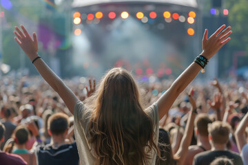crowd at the concert summer music festival. Back view of a young woman with hands in the air. High...