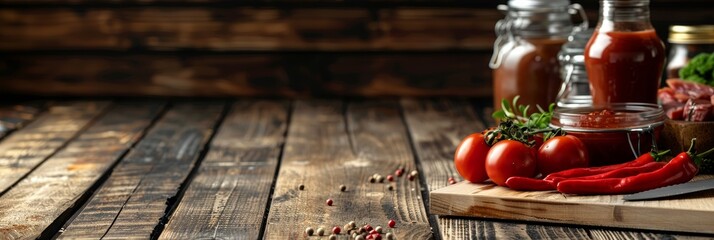 A wooden table with a variety of condiments and food items, including tomatoes and peppers. The table is set for a meal, and the atmosphere is inviting and warm - obrazy, fototapety, plakaty