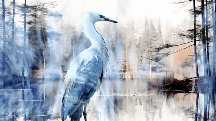 Double Exposure, white background, side view of a Blue Heron in front of a forest ~ Created using Generative AI