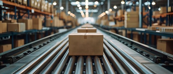 Warehouse conveyor belt system for delivering packages in cardboard boxes efficiently. Concept Logistics, Automation, Efficiency, Robotics, Supply Chain