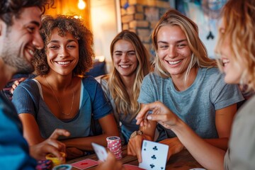 Fototapeta premium A group of diverse friends laughing and playing cards together, conveying fun and friendship