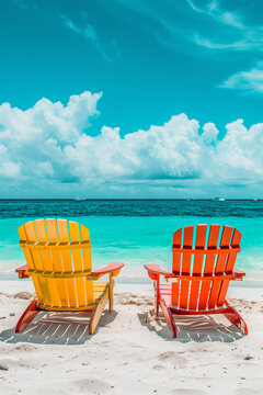 tropical vacation concept. Colorfull wooden chairs sunbeds on the sandy beach. High quality photo