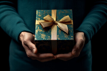 hand holding a present box with gold bow on dark background, in the style of dark teal and dark indigo сreated with Generative Ai