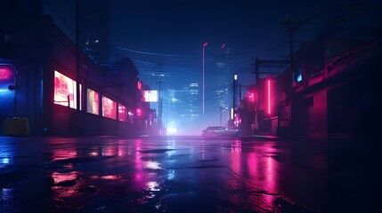 Obraz premium Behold the desolate beauty of a dark night empty scene, with the wet asphalt shimmering under the glow of red and blue neon lights, while wisps of smoke dance in the air, all captured in mesmerizing 