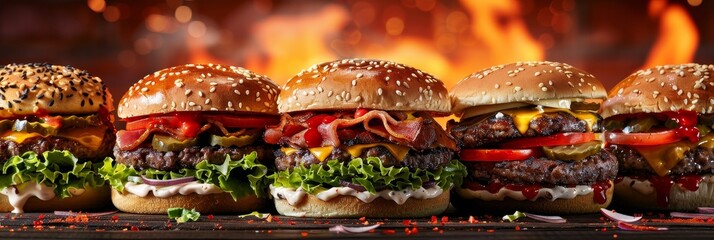 A row of hamburgers with different toppings, including bacon, cheese, and tomatoes. The burgers are arranged on a grill, with some of them having lettuce and onions on top
