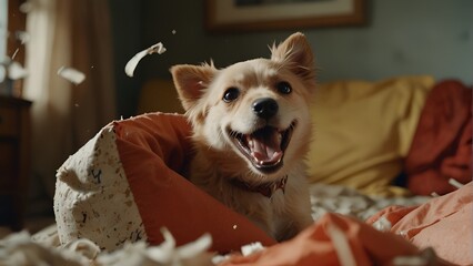 An excited puppy next to a torn-up pillow
