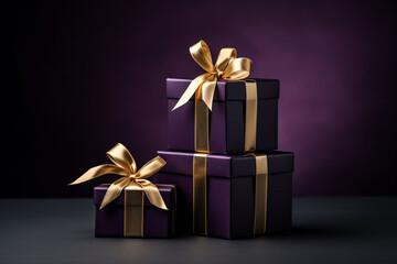 hand holding a present box with gold bow on dark background, in the style of dark teal and dark indigo сreated with Generative Ai