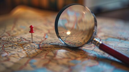 A magnifying glass sits on a detailed map with a red pushpin in the center of the lens.