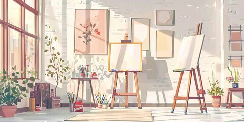 A studio with a white wall and a white canvas. There are two easels and a few potted plants