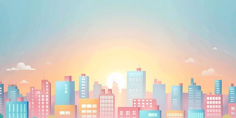 A city skyline with a large sun in the sky. The sun is setting and the sky is a mix of blue and pink. The buildings are tall and colorful, giving the impression of a vibrant and lively city
