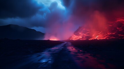 Fototapeta premium Enter a deserted nocturnal landscape, where the damp asphalt reflects the vibrant hues of red and blue neon lights, accompanied by ethereal smoke lines drifting through the air, immortalized