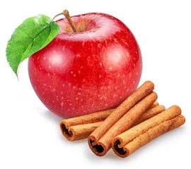 Foto op Plexiglas Red apple and cinnamon sticks isolated on white background. © volff