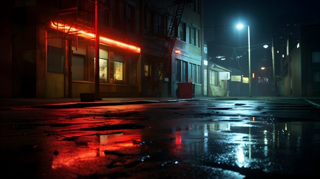  Explore the mysterious allure of a deserted nighttime setting, where the neon-lit streets cast eerie reflections on the wet concrete floor, accompanied by swirling smoke that adds a touch of surreali