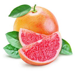 Grapefruit with leaf and grapefruit slices on white background. File contains clipping path.