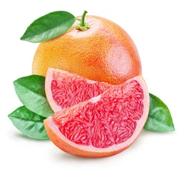 Fotobehang Grapefruit with leaf and grapefruit slices on white background. File contains clipping path. © volff