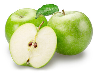 Two green apples with leaf and half of green apple on white background. File contains clipping path.