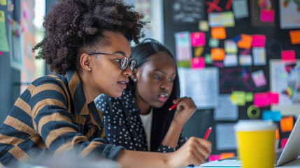 Two Young Businesswomen Brainstorming Using Adhesive Notes In A Modern Office Setting