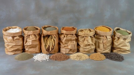 Obraz premium Bags contain various grains staple food from plant seeds