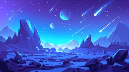 Foto op Plexiglas An extraterrestrial game setting featuring a night scene on a Martian landscape complete with meteorites space spheres towering mountains rugged rocks and a dark star studded sky adorned wit © AkuAku