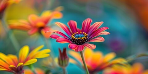 Obraz premium A colorful flower with a yellow center and red petals. The flower is surrounded by other flowers of different colors