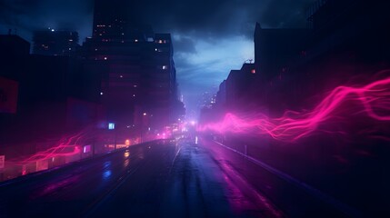 Fototapeta na wymiar Traverse the empty streets of a darkened cityscape, where the wet asphalt reflects the vibrant neon lights above, casting an otherworldly glow on the concrete below, while tendrils of smoke curl and 