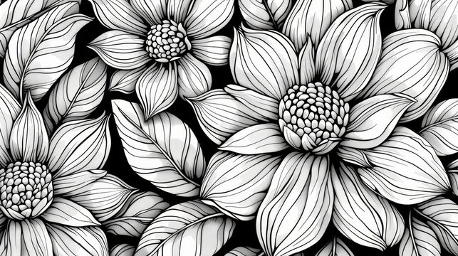 Patterns: A coloring book page with a floral pattern, showcasing intricate details of leaves and petals
