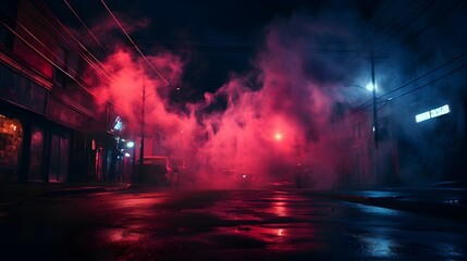  Witness the haunting spectacle of a dark night empty scene, illuminated by the vivid hues of red and blue neon lights, their reflections shimmering on the wet asphalt below, while wisps of neon smoke - Powered by Adobe