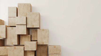 Neatly Arranged Stack of Brown Cardboard Boxes of Different Sizes on a Clean White Background, Illustrating the Concepts of Moving, Storage, and Delivery