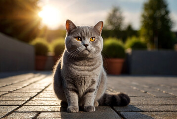 Serious British Shorthair Cat Sitting Outdoors, confident looking forward attentively. Gray british shorthair cat sits calmly on paved surface inside. Pet cats concept. Copy ad text space poster
