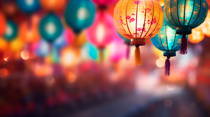 colorful lanterns at night, thailand.