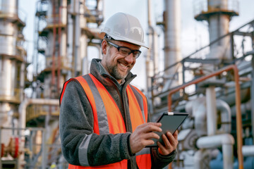 Smiling middle-aged male engineer in protective helmet and safety vest holds tablet computer. Oil production plant at background. 