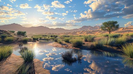 Obraz premium Tranquil desert oasis during twilight