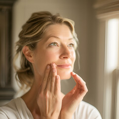 a pretty woman in her 30's. She applies a moisturizing cream. She is in her bathroom