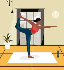 Beautiful black girl with red top and dark blue leggings doing yoga, sport, fitness on mat in room with big window, fowers in flat for banners, posters