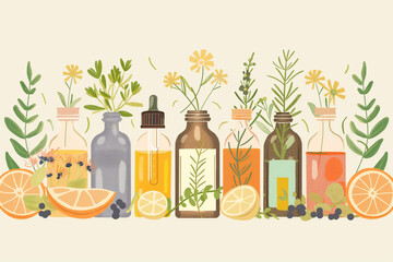 Illustration of several bottles of aromatherapy essential oil with orange fruit, herbs and flowers