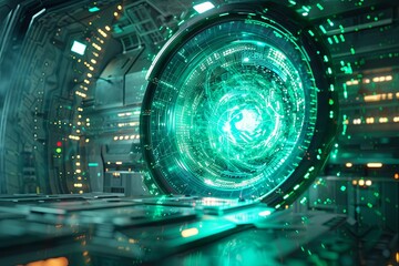 A green, glowing, futuristic looking tunnel with a green light in the middle