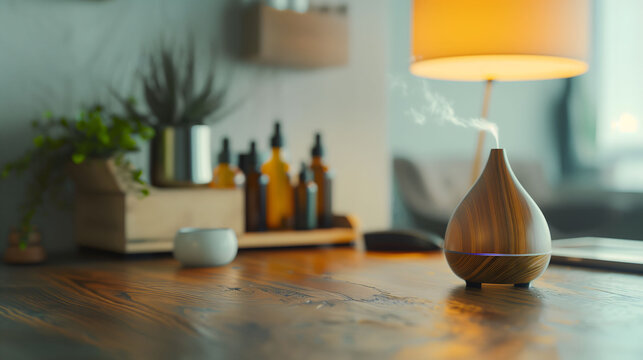 Vapor or mist coming out of an aromatherapy diffuser to disperse essential oils in the apartment