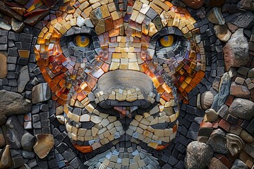 A vivid and colorful artistic portrait of a lion's face, intricately crafted entirely from shiny stones.