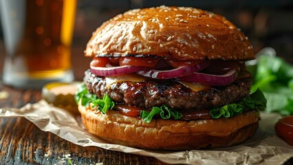 Golden sunlight enhances the appeal of a delicious burger and beer on a rustic table. Concept Food Styling, Natural Lighting, Summer Vibes, Outdoor Setting, Appetizing Presentation - obrazy, fototapety, plakaty