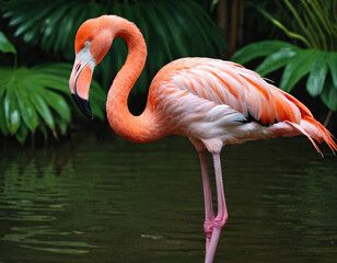 A pink flamingo stands gracefully in a body of water, displaying its vibrant feathers