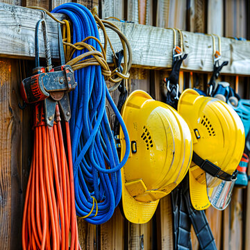 Construction safety equipment hanging on a shelf