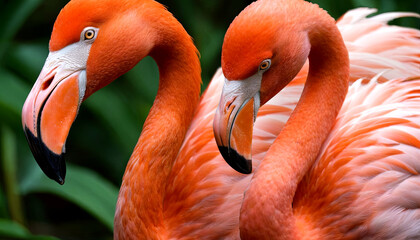 Two pink flamingos are standing side by side, displaying their vibrant plumage and long necks - obrazy, fototapety, plakaty