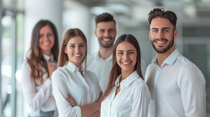 Successful Business Team Standing Together In Office, Smiling And Looking At Camera.