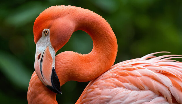 A flamingo is shown up close, with a blurry background adding depth to the image