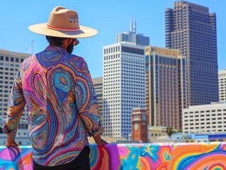 A man wearing a hat and a colorful shirt stands on a ledge overlooking a city. The man is looking out over the city, taking in the view. The cityscape is filled with tall buildings - obrazy, fototapety, plakaty